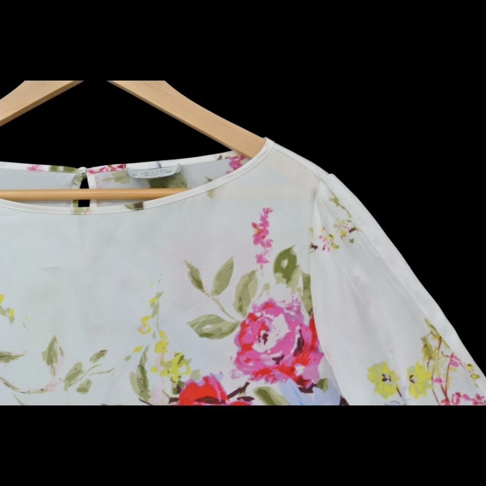 Tahari‎ ASL Floral Tie-Cuff Boatneck Blouse White Pink SP